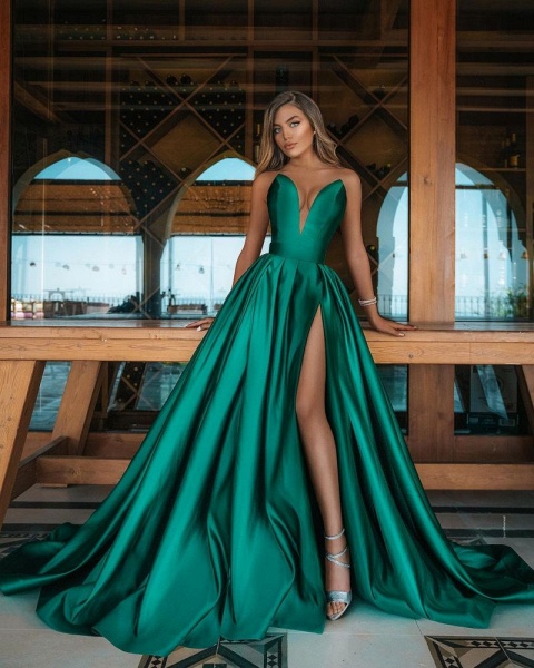 Emerald Green Long A-line V-neck Sleeveless Prom Dress With Slit_2