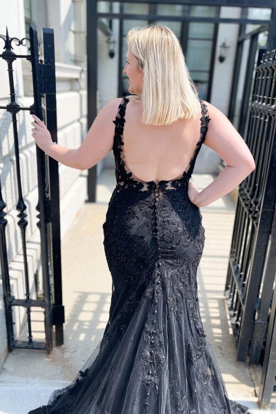 Charming Black Spaghetti Straps V-neck Appliques Lace Tulle Mermaid Prom Dress_3