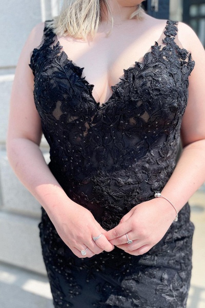 Charming Black Spaghetti Straps V-neck Appliques Lace Tulle Mermaid Prom Dress_2