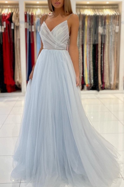 Romantic Spaghetti Straps V-neck Beading A-Line Tulle Ruffles Prom Dress_1