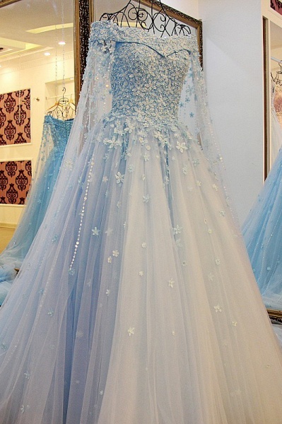 Pretty Off-the-shoulder Tulle Long Sleeves Beading Flower Ball Gown Prom Dress_1