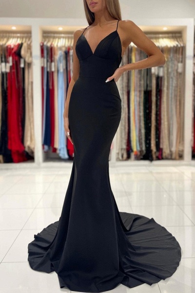 Sexy Black Floor-length Spaghetti Straps V-neck Backless Mermaid Prom Dress_1