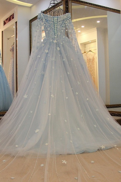 Pretty Off-the-shoulder Tulle Long Sleeves Beading Flower Ball Gown Prom Dress_2