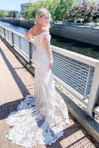 Stunning Off-the-Shoulder Long Sleeve Sweetheart Appliques Lace Mermaid Wedding Dress_2