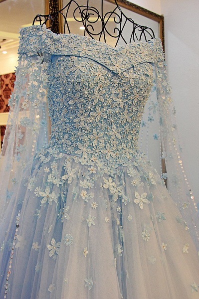 Pretty Off-the-shoulder Tulle Long Sleeves Beading Flower Ball Gown Prom Dress_5