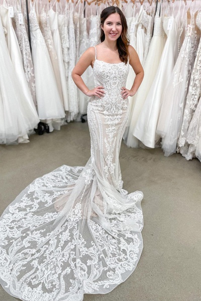 Beautiful Spaghetti Straps Backless Appliques Lace Floor-length Mermaid Wedding Dress_1