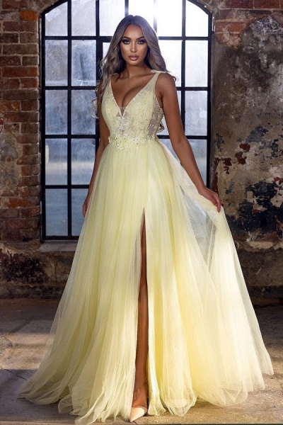 Stunning Deep V-neck Appliques Lace A-Line Tulle Prom Dress With Side Slit_1