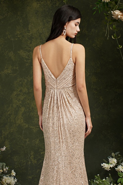 Charming V-neck Spaghetti Straps Sequins Backless Mermaid Bridesmaid Dress_16