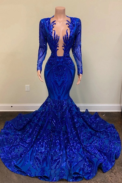 Sexy Königsblaue lange Meerjungfrau-Abschlussballkleider mit V-Ausschnitt und Ärmeln_1