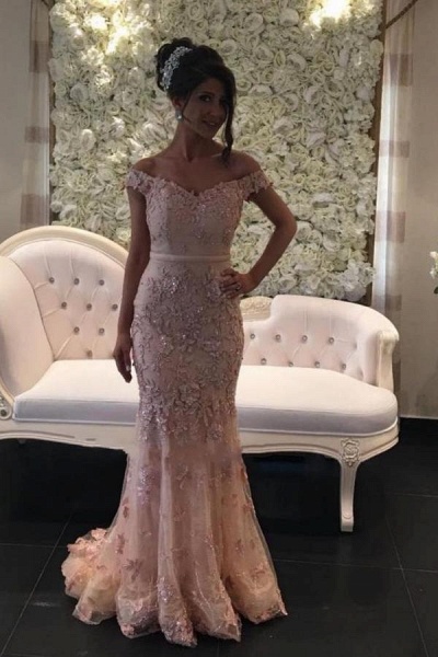 Classy Off-the-shoulder Appliques Lace Floor-length Ruffles Mermaid Prom Dress_1
