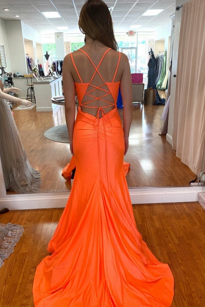 Attractive Orange Spaghetti Straps Backless Mermaid Prom Dress With Split_3