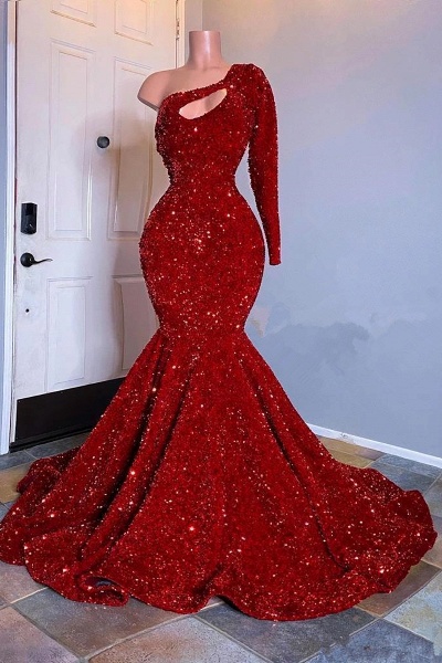 Long Mermaid One Shoulder Sequins Prom Dress with Sleeves_1