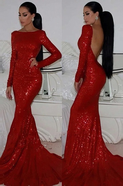 Glamorous Sequins Bateau Long Sleeves Backless Mermaid Prom Dress_1