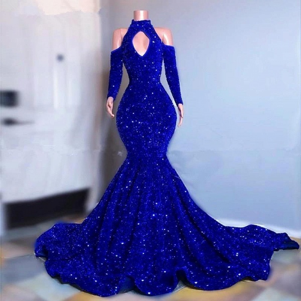 Elegant Sparkly Long Mermaid Halter Sequined Prom Dress with Sleeves_2