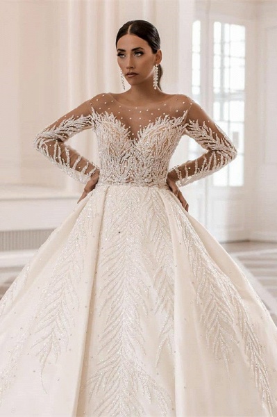 Gorgeous Long Sleeves Bateau Crystal Pearl A-Line Satin Wedding Dress_1