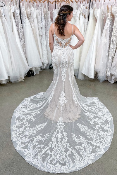 Beautiful Spaghetti Straps Backless Appliques Lace Floor-length Mermaid Wedding Dress_2
