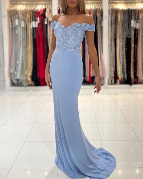 Chic Off-the-shoulder Sweetheart Floral Lace Floor-length Mermaid Prom Dress_2
