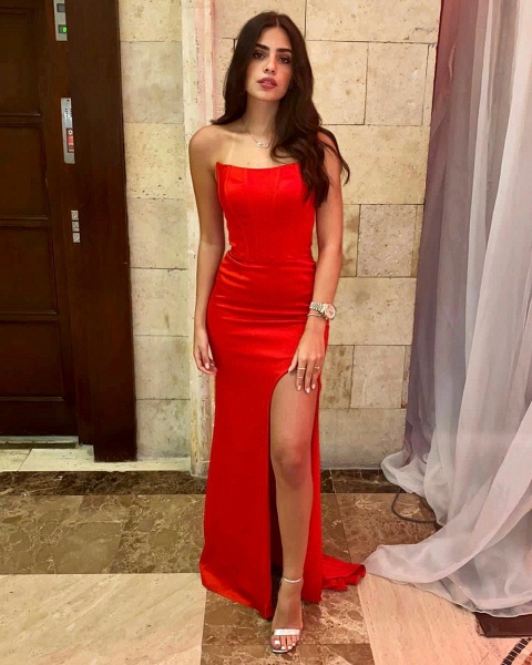 Simple Red Long Mermaid Strapless Satin Prom Dress with Slit_3