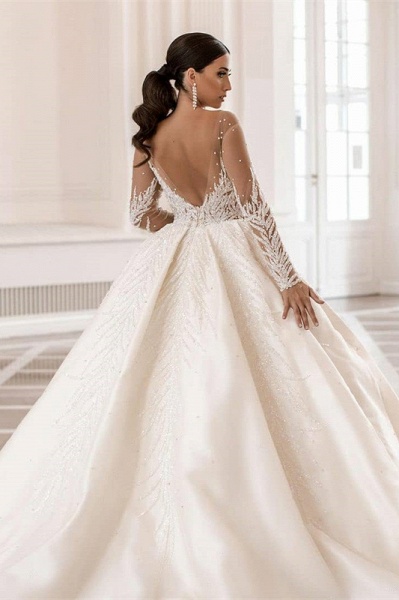 Gorgeous Long Sleeves Bateau Crystal Pearl A-Line Satin Wedding Dress_2