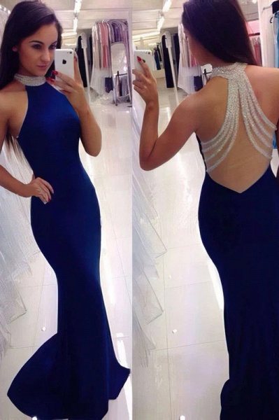 Classy Royal Blue Halter Floor-length Mermaid Prom Dress With Crystal Embellishment_1