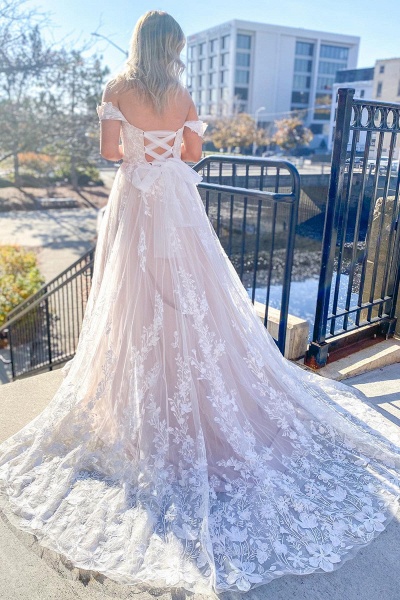 Attractive Off-the-shoulder Sweetheart A-line Tulle Appliques Lace Train Wedding Dress_2