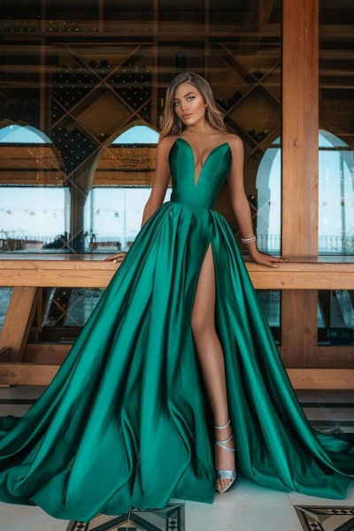 Emerald Green Long A-line V-neck Sleeveless Prom Dress With Slit_1