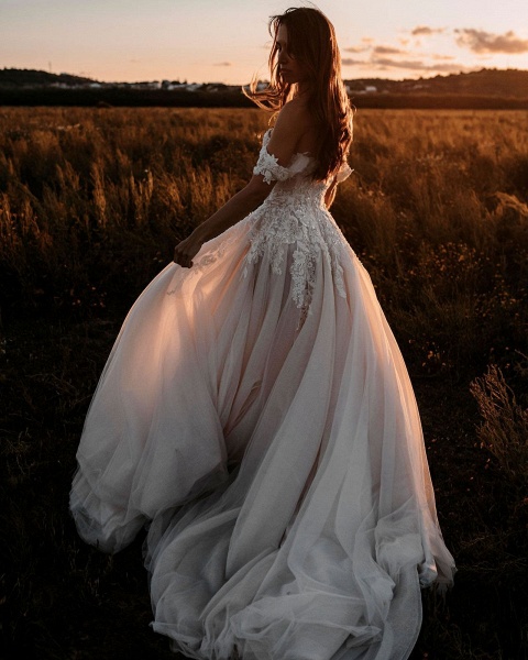 Romantic Off-the-shoulder Tulle Train A-Line Appliques Lace Wedding Dress_3