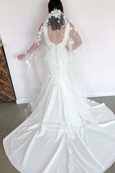 Romantic Deep V-neck Wide Straps Open Back Floor-length Mermaid Wedding Dress_2