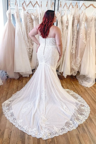Classy Appliques Lace Spaghetti Straps Backless Floor-length Mermaid Wedding Dress_2