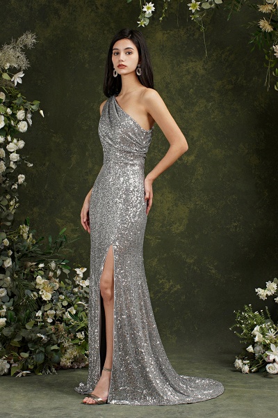 Gorgeous Sequins One Shoulder Mermaid Bridesmaid Dress With Side Slit_4