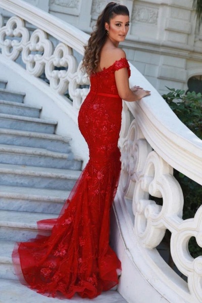 Charming Off-the-shoulder Backless Appliques Lace Mermaid Prom Dress_1