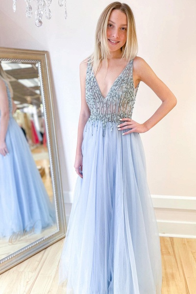 Stunning Deep V-neck Beading Pearl Tulle Open Back A-Line Prom Dress With Split_3