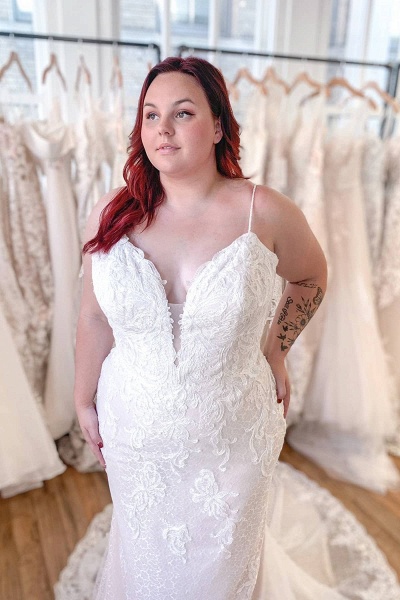 Classy Appliques Lace Spaghetti Straps Backless Floor-length Mermaid Wedding Dress_1