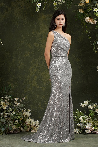 Gorgeous Sequins One Shoulder Mermaid Bridesmaid Dress With Side Slit_6