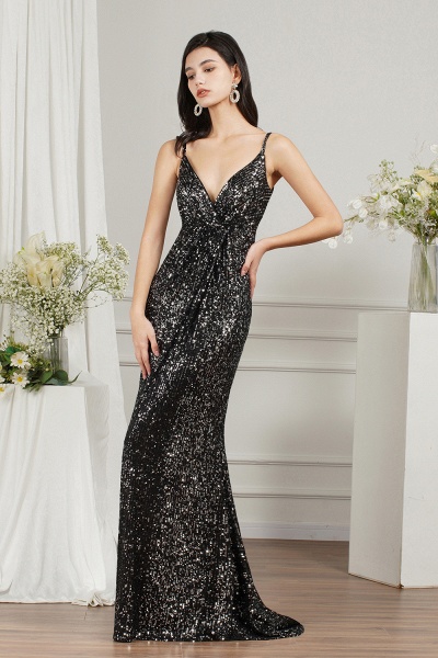 Charming V-neck Spaghetti Straps Sequins Backless Mermaid Bridesmaid Dress_4