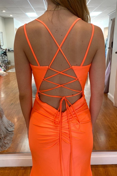 Attractive Orange Spaghetti Straps Backless Mermaid Prom Dress With Split_2