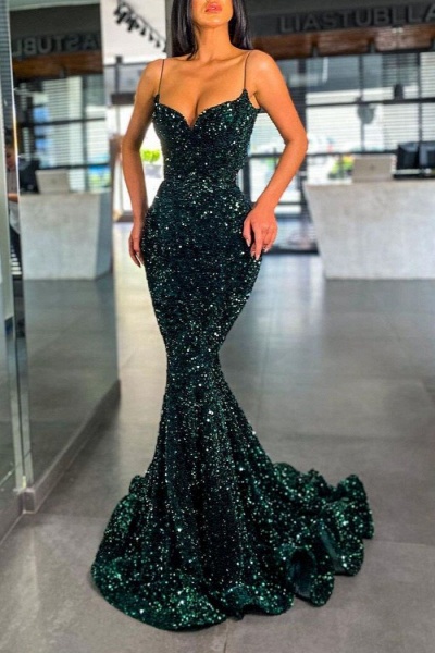 Dark Green Long Mermaid Spaghetti-Straps Sequined Prom Dress