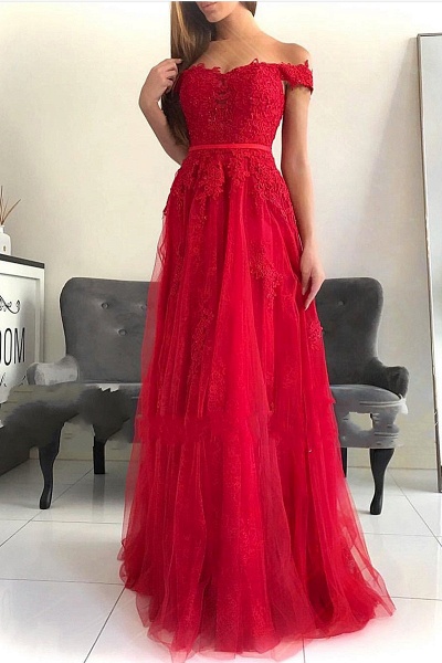 Classy Off-the-shoulder Lace A-Line Ruffles Floor-length Prom Dress_2
