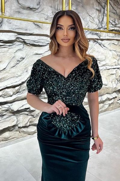 Gorgeous Long Mermaid V-neck Velvet Glitter Prom Dress with Sleeves_8