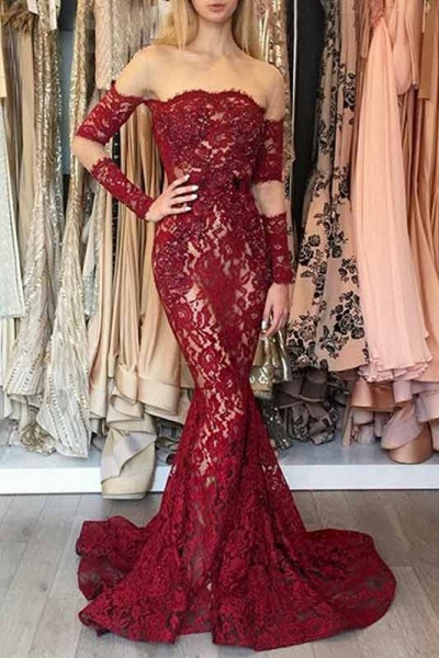 Amazing Off-the-shoulder Long Sleeves Lace Mermaid Floor-length Prom ...