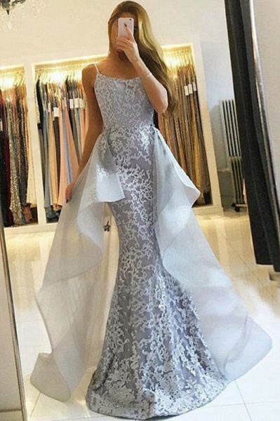 Spaghetti Straps Lace Floor-length Ruffles Mermaid Prom Dress With Train_2