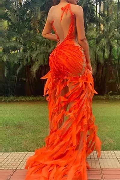 High Low Orange Mermaid One Shulder Tulle Backless Prom Dress_2