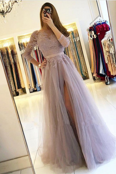 Chic Bateau Long Sleeve Lace A-Line Tulle Floor-length Prom Dress With Side Slit_2