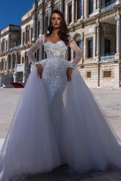 Gorgeous Sweetheart Long Sleeve Lace Mermaid Wedding Dress With Detachable Train_1