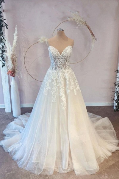 Long A-line Sweetheart Tulle Wedding Dress with Lace_1
