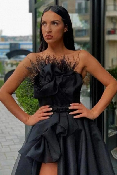 Vintage Black Long A-line Strapless Ruffles Formal Prom Dresses with Slit_2