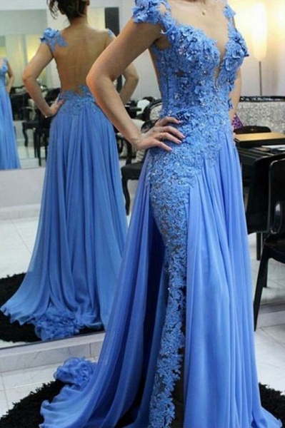 Pretty Bateau Lace Floor-length A-Line Backless Prom Dress With Ruffles_2