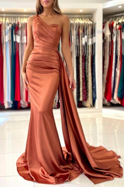 Simple Long Mermaid One Shoulder Floor Length Satin Prom Dress_1