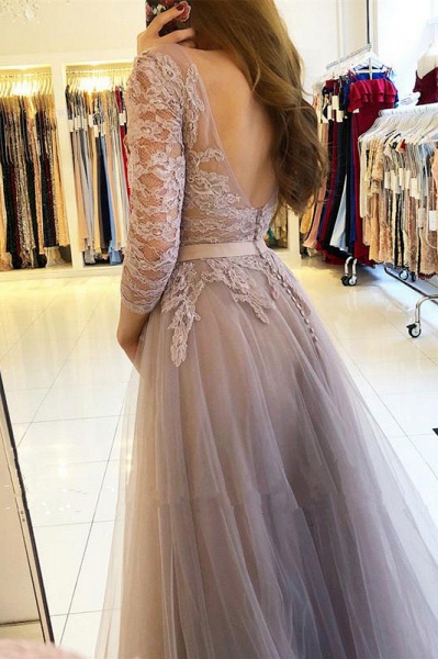 Chic Bateau Long Sleeve Lace A-Line Tulle Floor-length Prom Dress With Side Slit_3
