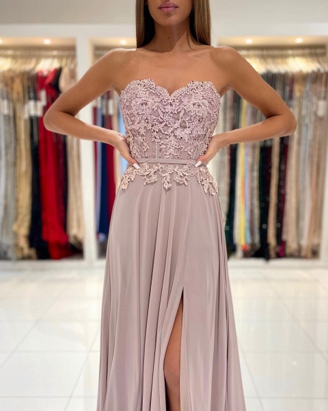 Elegant Sweetheart Appliques Lace Sheath Ruffles Prom Dress With Side Slit_2